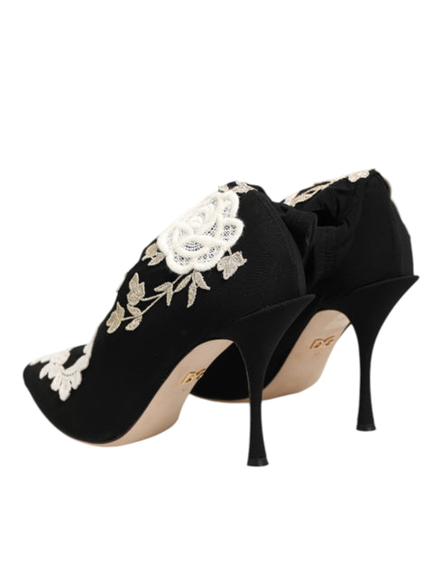 Dolce & Gabbana Embroidered Jersey Boots – Black & White Stretch Stilettos for Women
